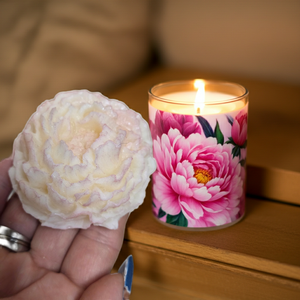 Pfingstrosenkerze Seitenansicht – Handgefertigte Blumenkerze in Rosa | JenniferStock
