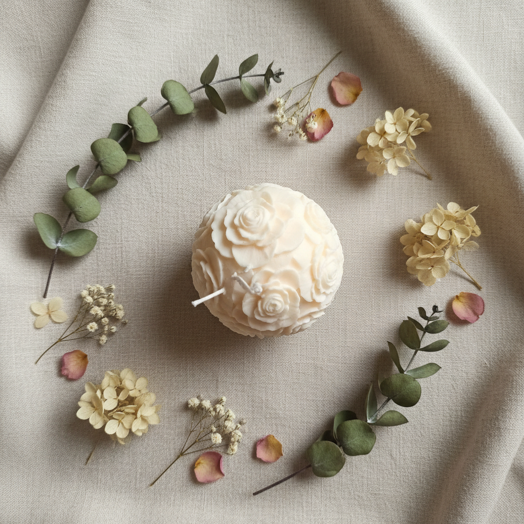 Rosenball-Kerze Flatlay